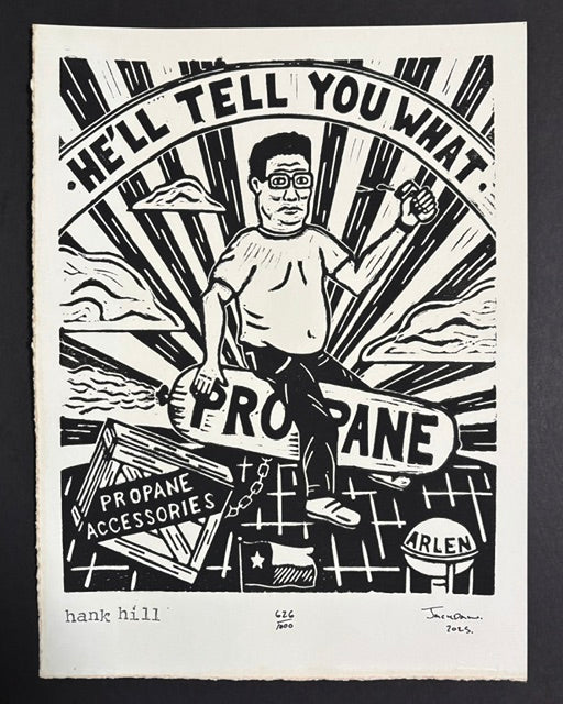 Hank Hill linocut print by Jack Russell (Jackdaw Folk Art): Hank Hill on a propane tank