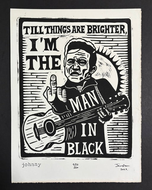 Johnny linocut print by Jack Russell (Jackdaw Folk Art): Johnny Cash, the Man in Black
