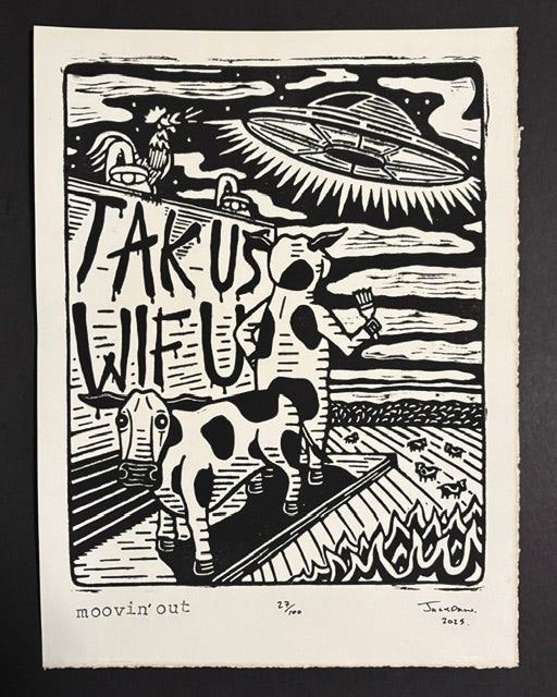 Moovin' Out linocut print by Jack Russell (Jackdaw Folk Art): cows signaling a UFO to take them along