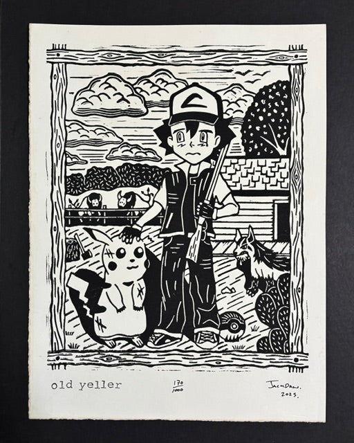 Old Yeller linocut print by Jack Russell (Jackdaw Folk Art): Ash and Pikachu as Old Yeller