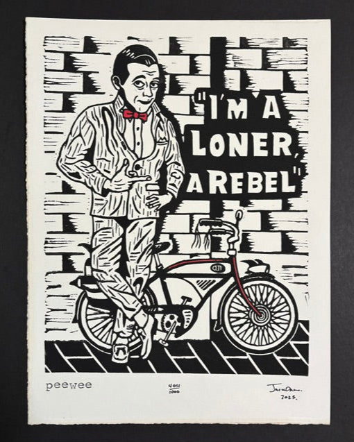 PeeWee linocut print by Jack Russell (Jackdaw Folk Art): Pee-wee Herman and his bike