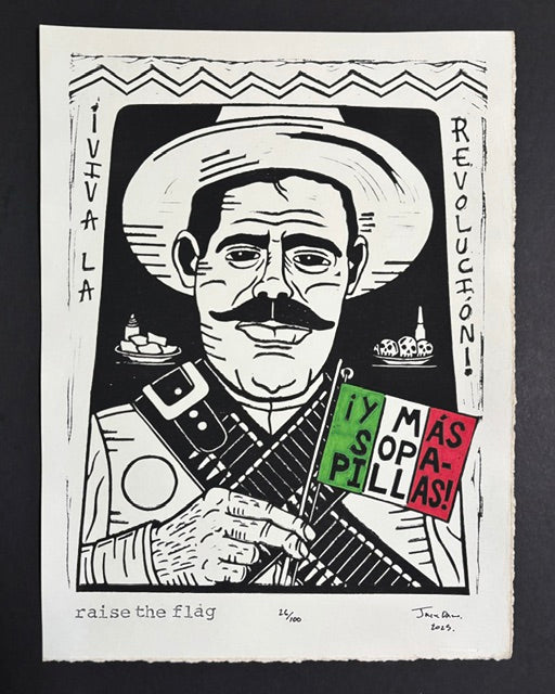 Raise the Flag linocut print by Jack Russell (Jackdaw Folk Art): a revolutionary waving a Más sopapillas flag