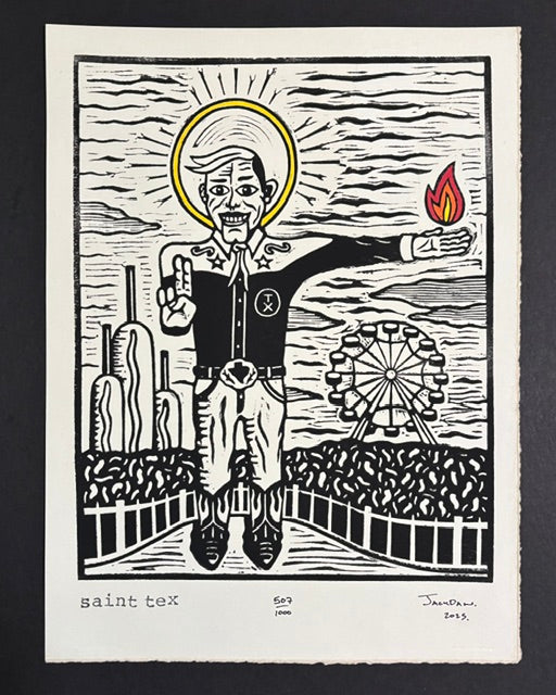 Saint Tex linocut print by Jack Russell (Jackdaw Folk Art): Big Tex as a haloed saint