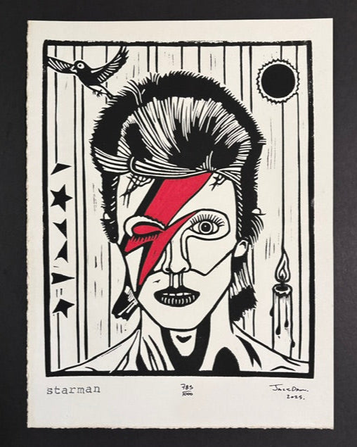 Starman linocut print by Jack Russell (Jackdaw Folk Art): David Bowie with the red lightning bolt