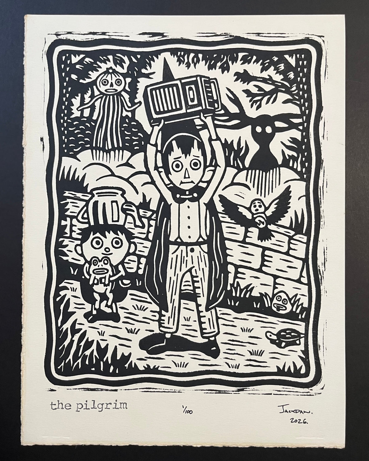 The Pilgrim linocut print by Jack Russell (Jackdaw Folk Art): a kid holding a boombox overhead