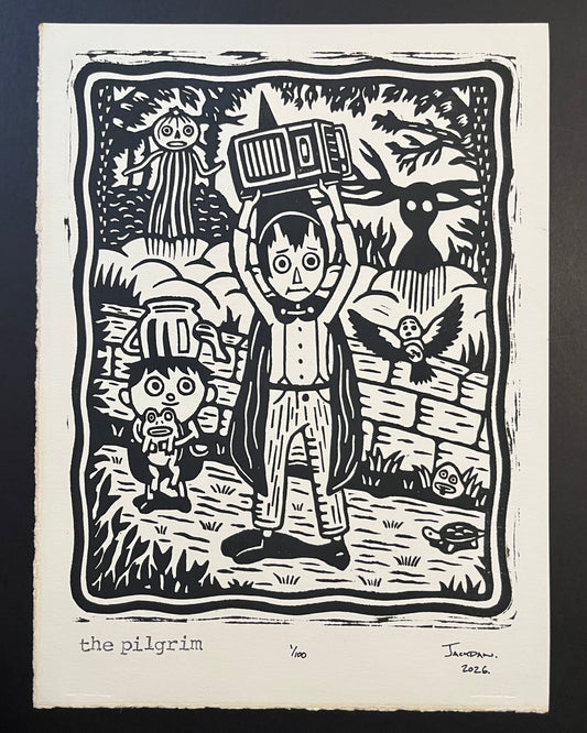 The Pilgrim linocut print by Jack Russell (Jackdaw Folk Art): a kid holding a boombox overhead