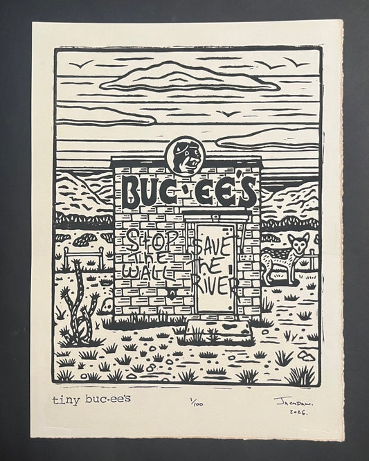 Tiny Buc-cee's linocut print by Jack Russell (Jackdaw Folk Art): a tiny Buc-ee's in the desert