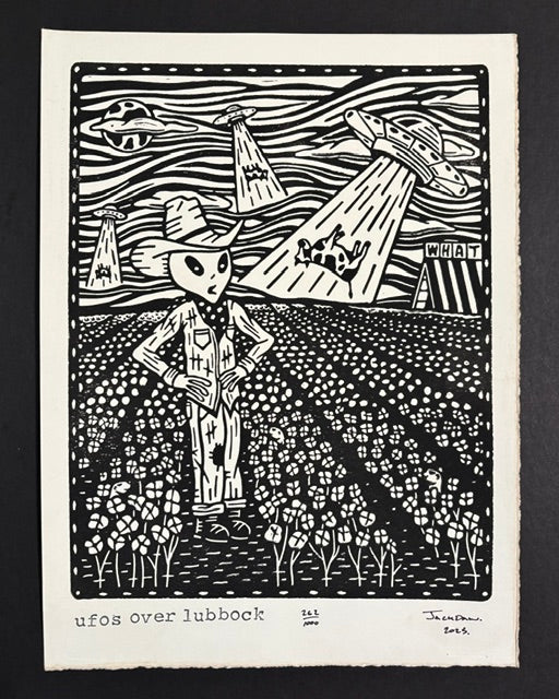 UFOs Over Lubbock linocut print by Jack Russell (Jackdaw Folk Art): an alien cowboy in a cotton field with UFOs