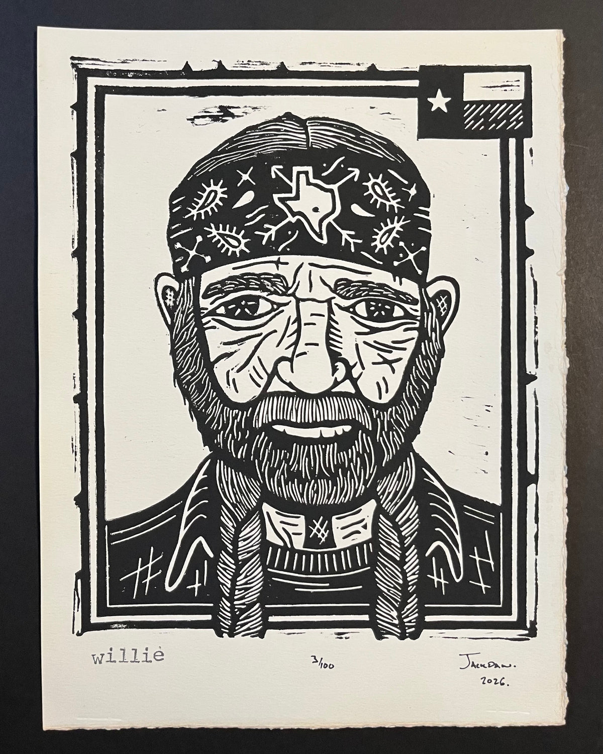 Willie linocut print by Jack Russell (Jackdaw Folk Art): Willie Nelson with braids and bandana