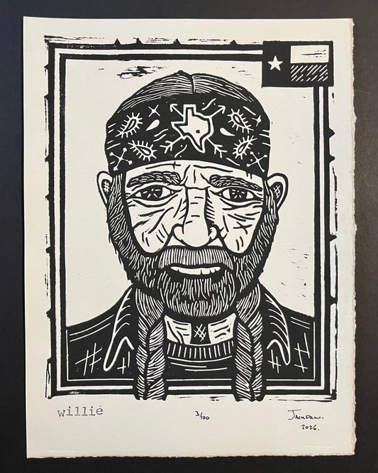 Willie linocut print by Jack Russell (Jackdaw Folk Art): Willie Nelson with braids and bandana