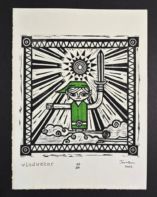 Windwaker linocut print by Jack Russell (Jackdaw Folk Art): Link from The Wind Waker