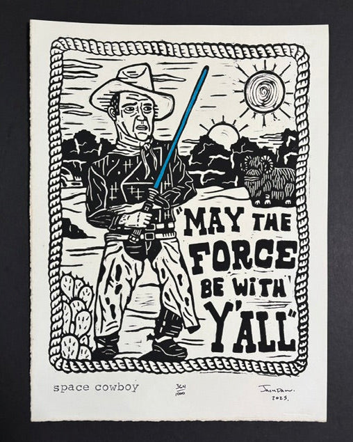 Space Cowboy linocut print by Jack Russell (Jackdaw Folk Art): a cowboy Jedi with a blue lightsaber