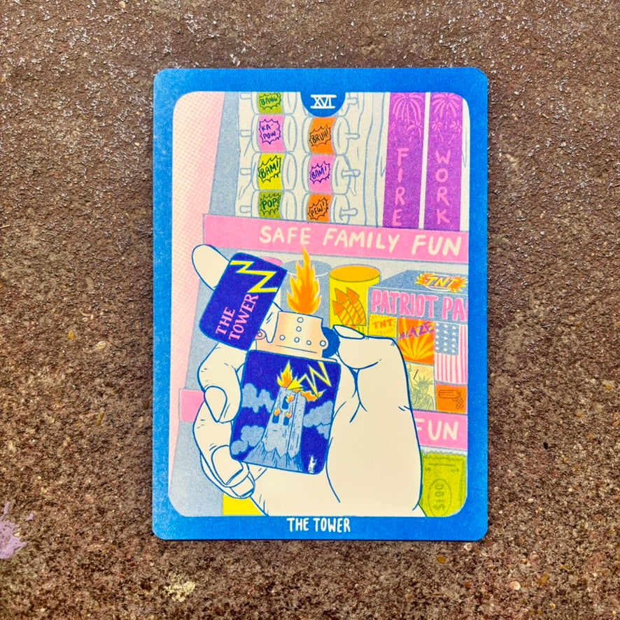 Cornerstore Tarot Risograph Print Postcard | The Tower | Christina Hu (CA)