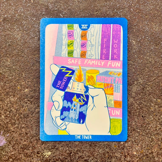 Cornerstore Tarot Risograph Print Postcard | The Tower | Christina Hu (CA)