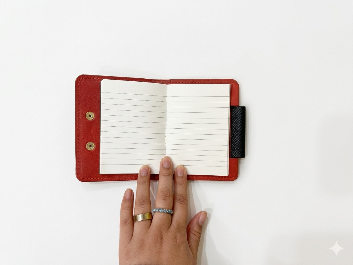 Hand holding a red notebook with a white page on a white background