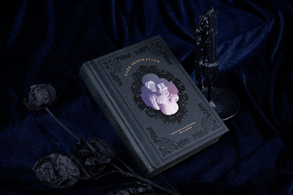 Dark Inspiration lying on dark velvet with black roses