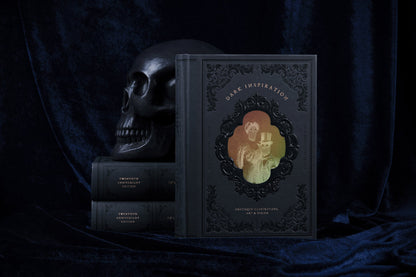 Dark Inspiration standing beside a stack of copies and a black skull