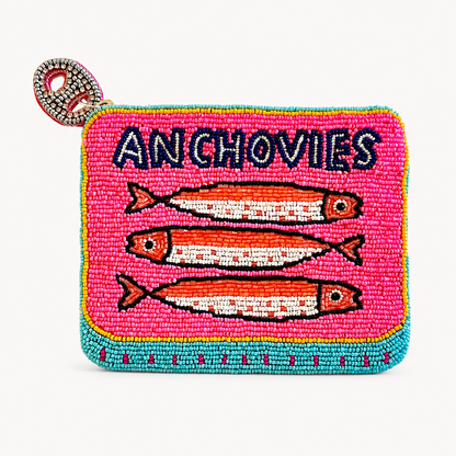 Colorful beaded pouch with 'Anchovies' text and fish illustrations on a pink background