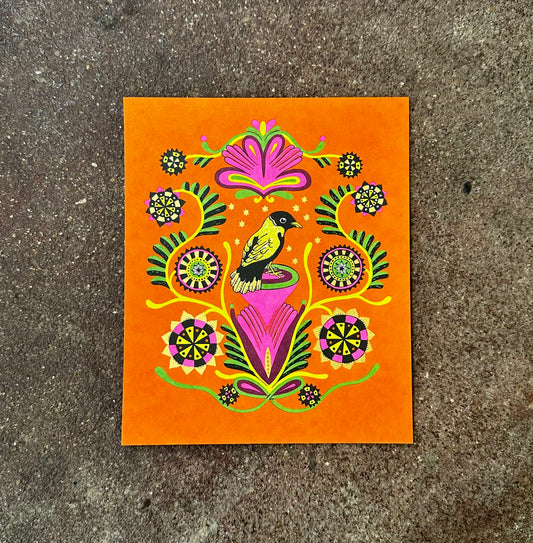 Little Bird in Folk Art Flowers Screen Print | Daria Tessler (OR)
