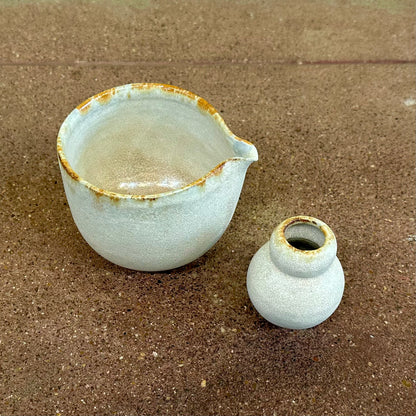 Soft Stone Spouted Matcha Bowl & Whisk Stand Ceramic Set | White | Linnan Ye (Ca)