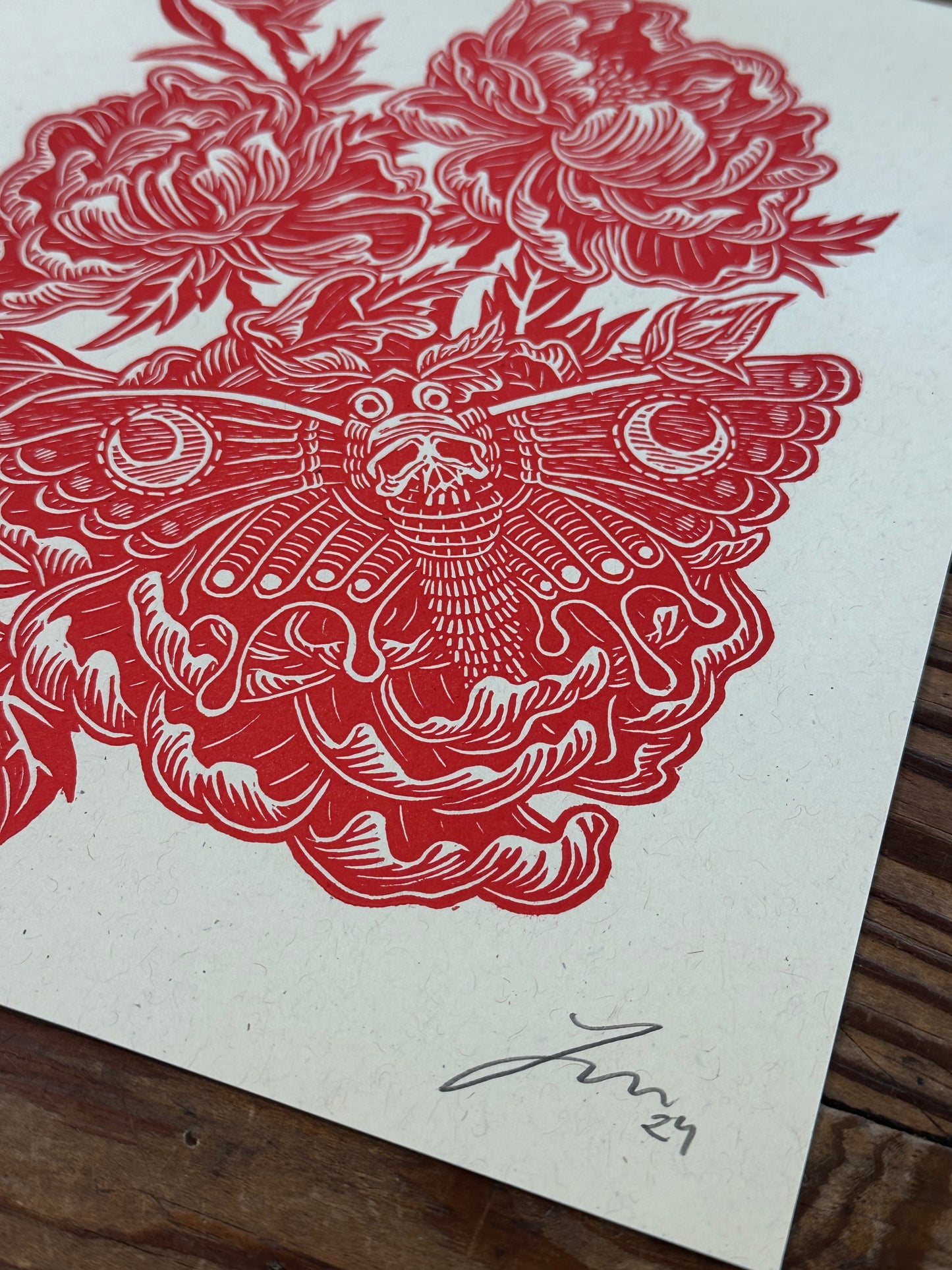 Peony Moth Linocut Print | Luke Martin (MD)