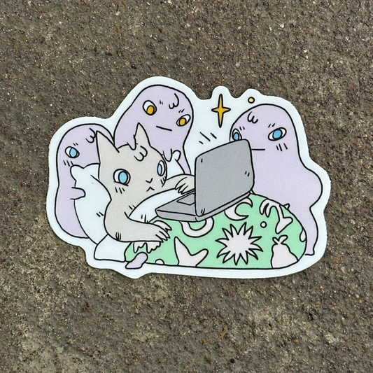 Cat Watching TV on Laptop w/ Ghosts Vinyl Sticker | Deth P. Sun (CA)