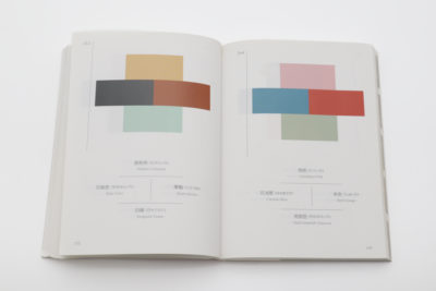 Open spread of A Dictionary of Color Combinations showing tan, charcoal, rust, blue and red swatch combinations