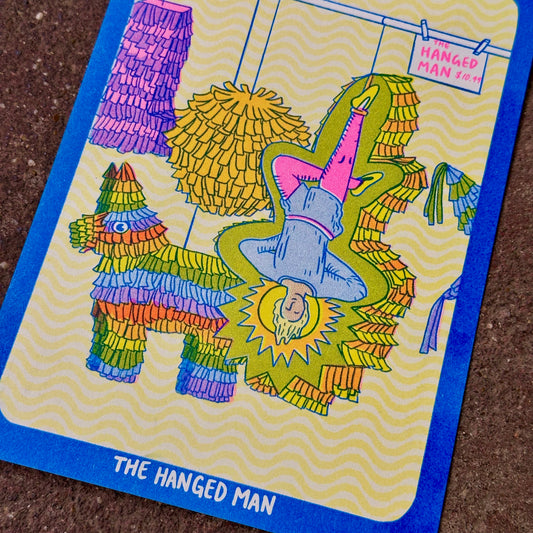 Cornerstore Tarot Risograph Print Postcard | The Hanged Man | Christina Hu (CA)