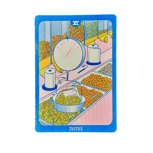 Cornerstore Tarot Risograph Print Postcard | Justice | Christina Hu (CA)