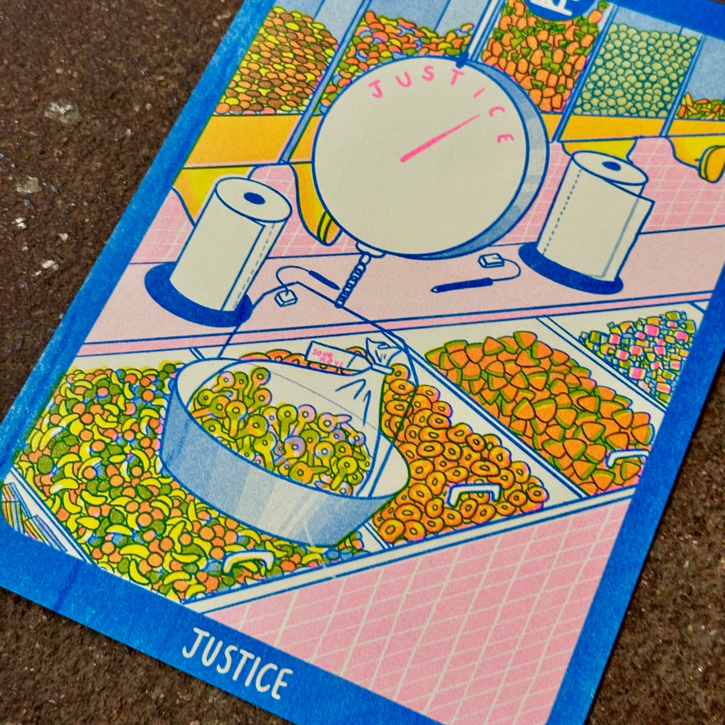 Cornerstore Tarot Risograph Print Postcard | Justice | Christina Hu (CA)