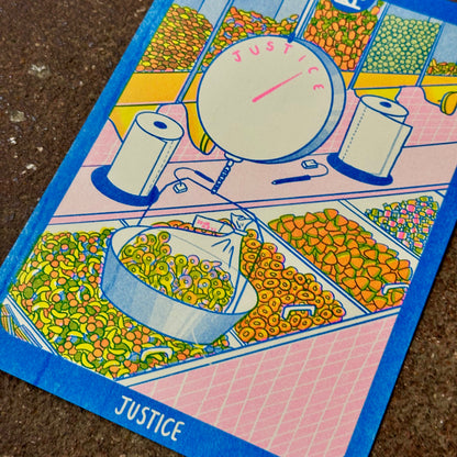Cornerstore Tarot Risograph Print Postcard | Justice | Christina Hu (CA)
