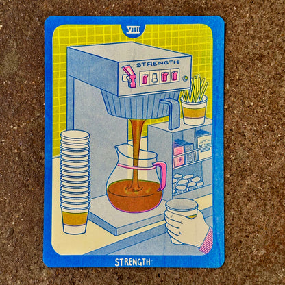Cornerstore Tarot Risograph Print Postcard| Strength | Christina Hu (CA)