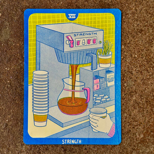 Cornerstore Tarot Risograph Print Postcard| Strength | Christina Hu (CA)