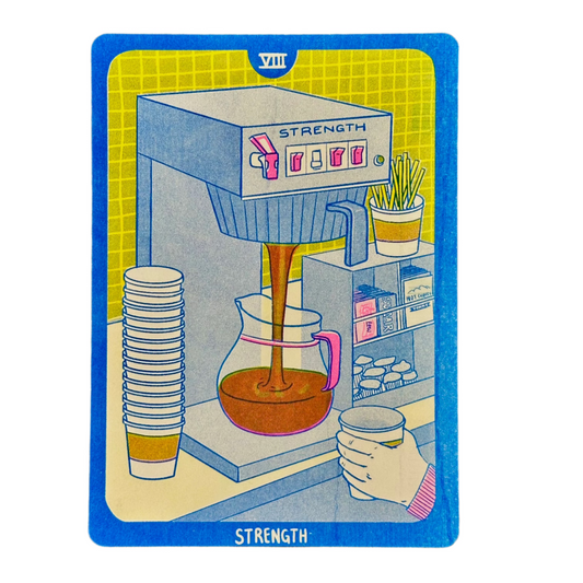 Cornerstore Tarot Risograph Print Postcard| Strength | Christina Hu (CA)