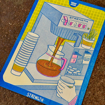 Cornerstore Tarot Risograph Print Postcard| Strength | Christina Hu (CA)