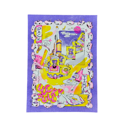 Colorful poster with cartoon characters and text on a purple background
