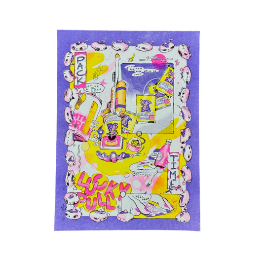 Colorful poster with cartoon characters and text on a purple background