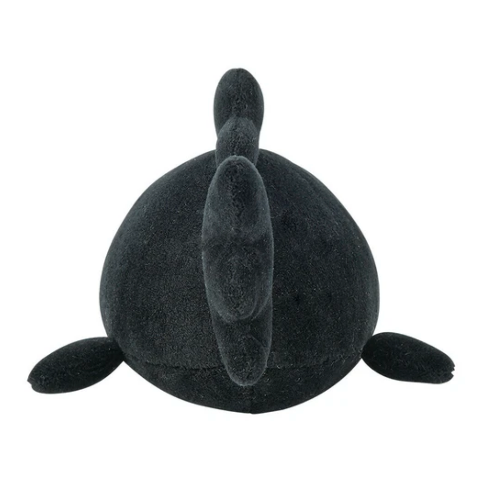 Black plush toy resembling a cartoon character on a white background