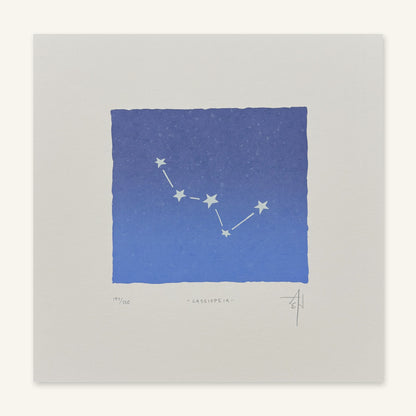 Flat view of 8x8 Cassiopeia screenprint, indigo-to-cornflower blue square with pencil edition number, title, initials