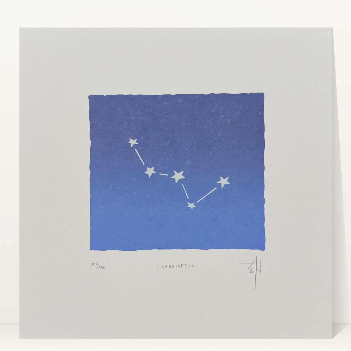 Cassiopeia constellation screenprint by Allison & Jonathan Metzger, five pale stars in a W on a blue gradient sky