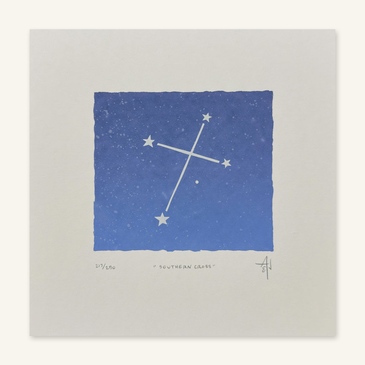 Flat view of 8x8 Southern Cross screenprint, four stars in a tilted cross with pencil edition number, title, initials