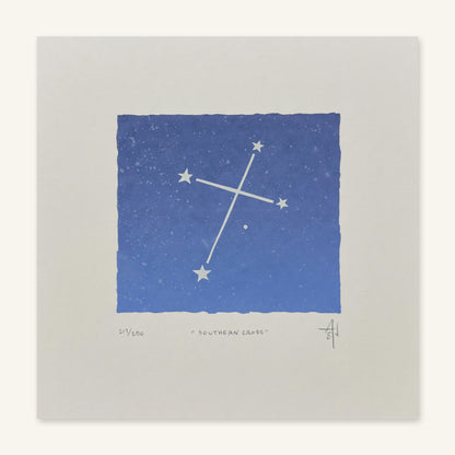Flat view of 8x8 Southern Cross screenprint, four stars in a tilted cross with pencil edition number, title, initials