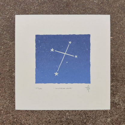 Southern Cross constellation art print by Allison & Jonathan Metzger on a speckled stone surface at We Are 1976, Dallas