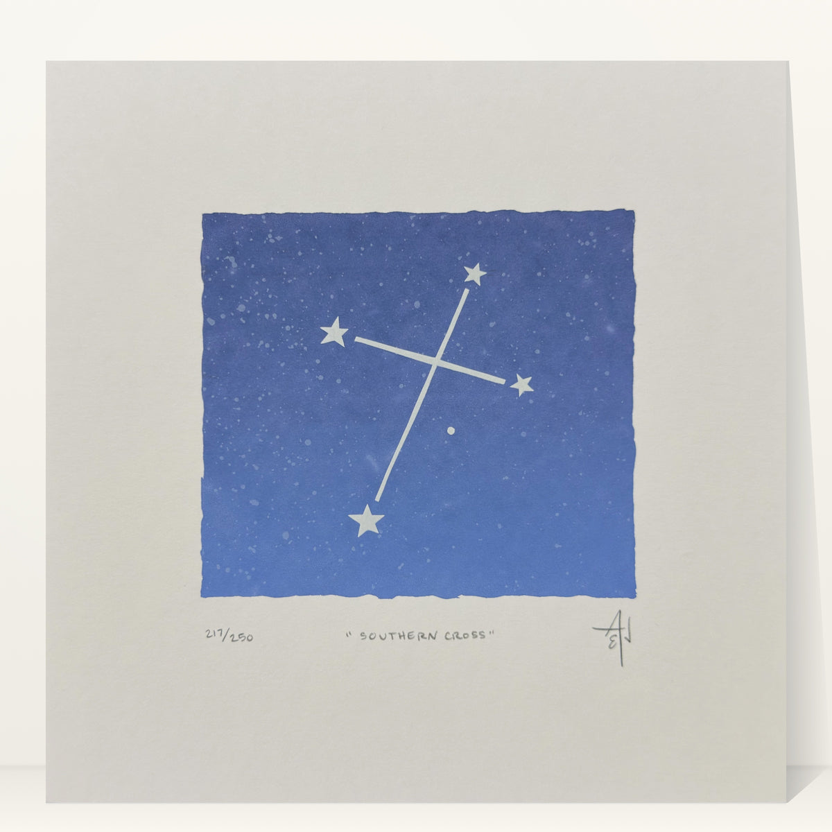Southern Cross constellation screenprint by Allison & Jonathan Metzger, pale star cross on a blue gradient night sky