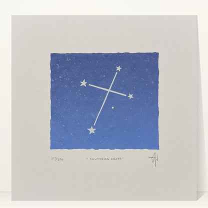 Southern Cross constellation screenprint by Allison & Jonathan Metzger, pale star cross on a blue gradient night sky