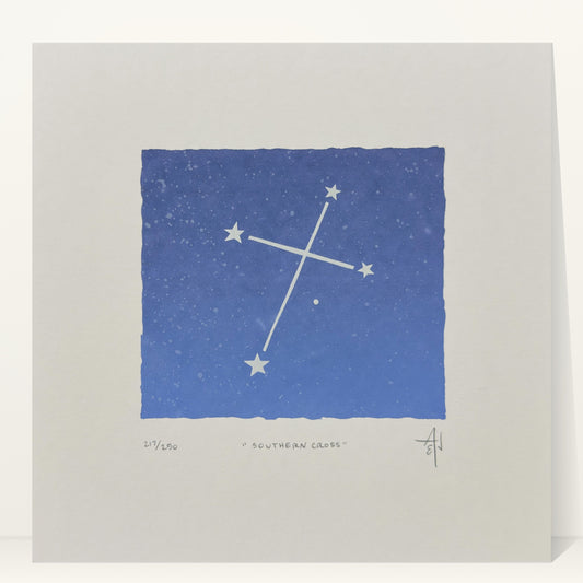 Southern Cross constellation screenprint by Allison & Jonathan Metzger, pale star cross on a blue gradient night sky