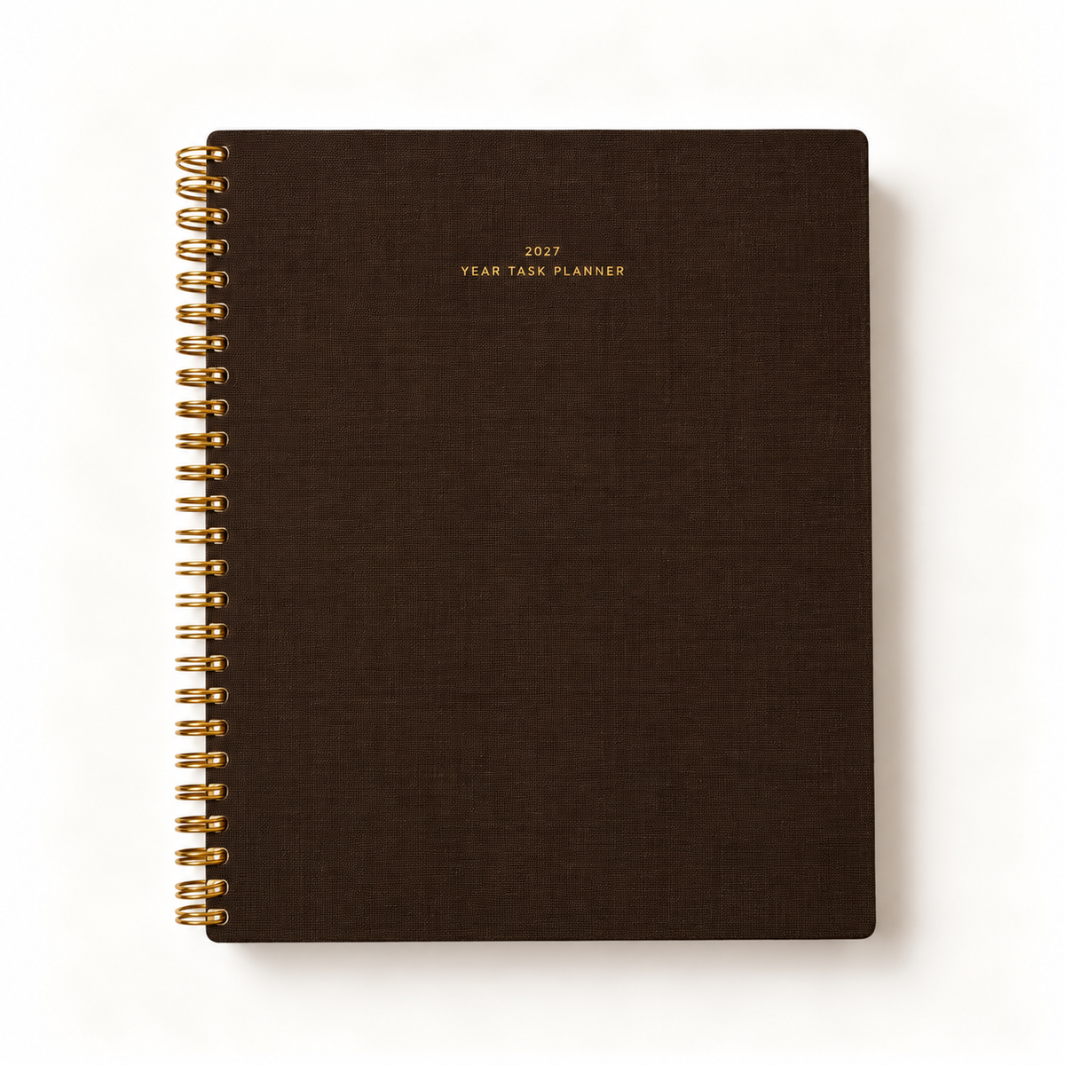 Appointed 2027 Year Task Planner in Espresso brown bookcloth with gold foil title and brass wire-o binding, studio shot