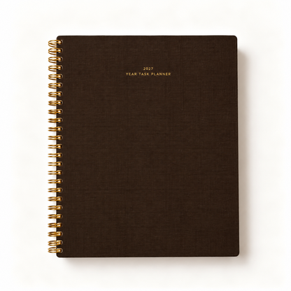 Appointed 2027 Year Task Planner in Espresso brown bookcloth with gold foil title and brass wire-o binding, studio shot