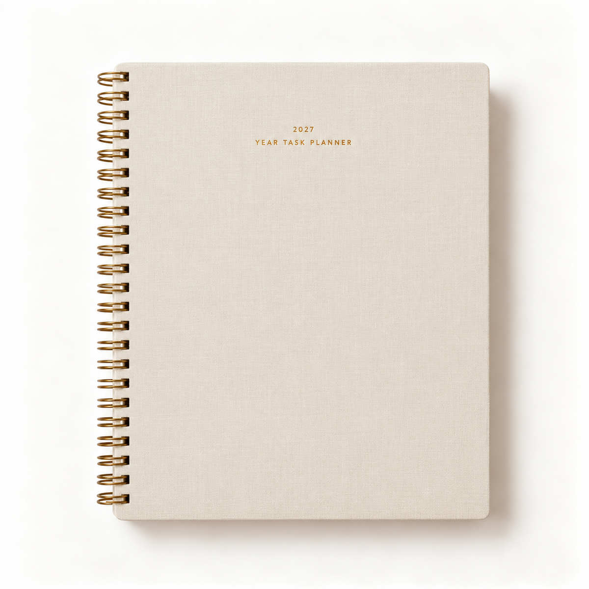 Appointed 2027 Year Task Planner in Natural Linen bookcloth with gold foil title and brass wire-o binding, studio shot