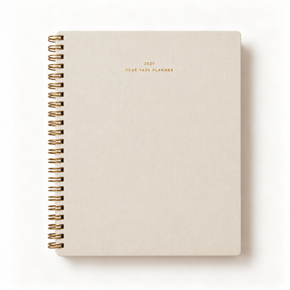Appointed 2027 Year Task Planner in Natural Linen bookcloth with gold foil title and brass wire-o binding, studio shot